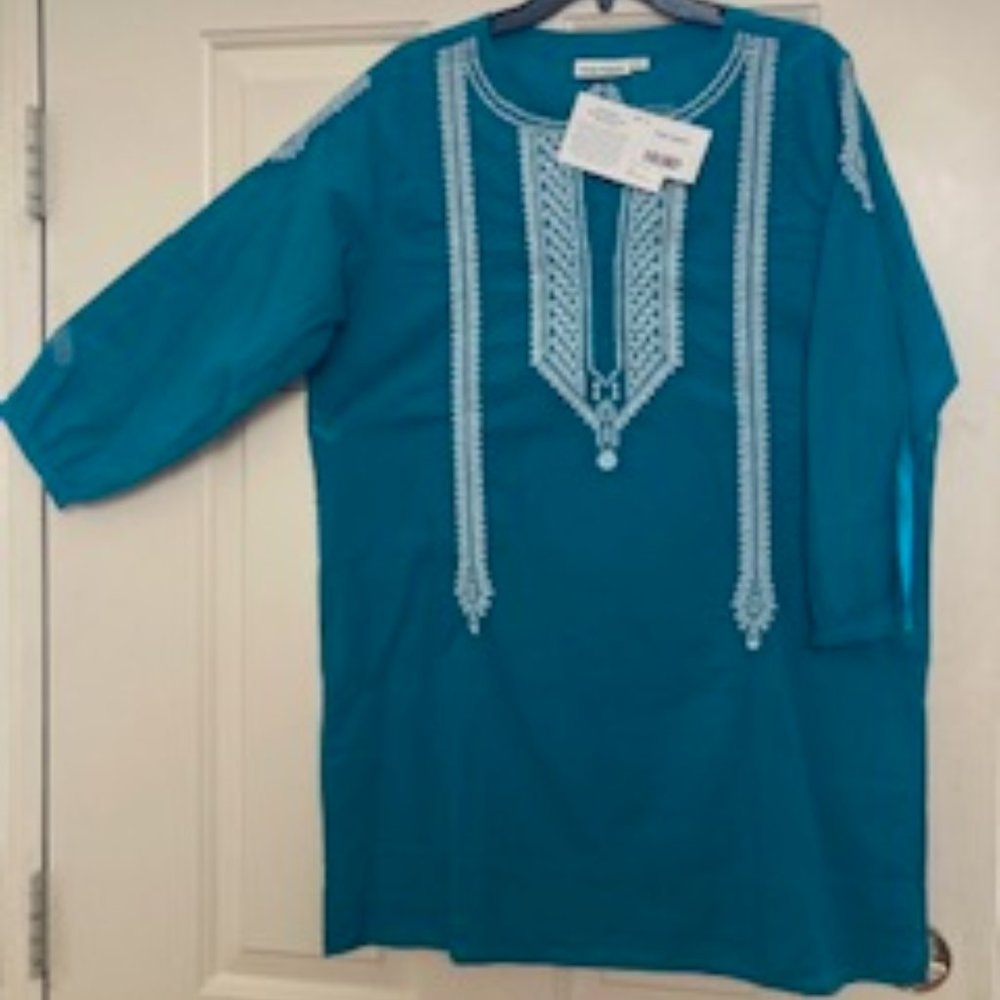 Roberta Roller Rabbit Teal Tunic with White Embroidery EUC